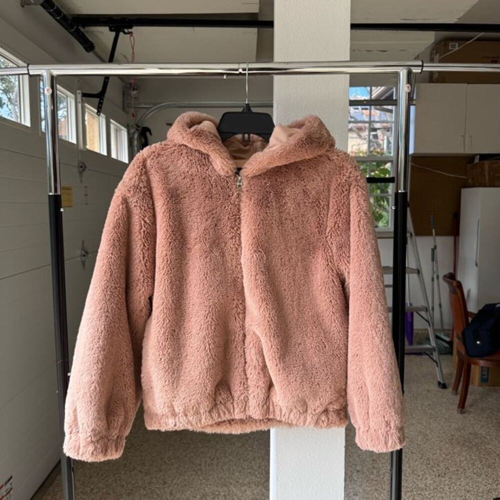 French Connection Teddy Jacket Womens Size 2 Rose Pink Faux Fur Hooded Zip Front